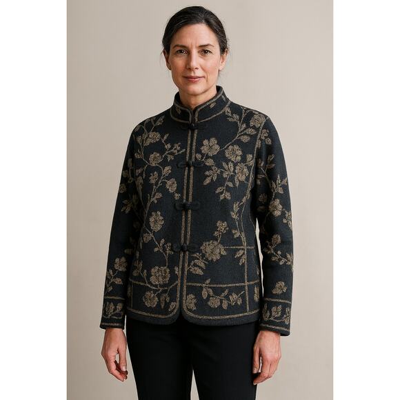 Talbots Size M Black and Gold 100% Merino Wool Cardigan Mandarin Collar Sweater - Picture 8 of 9